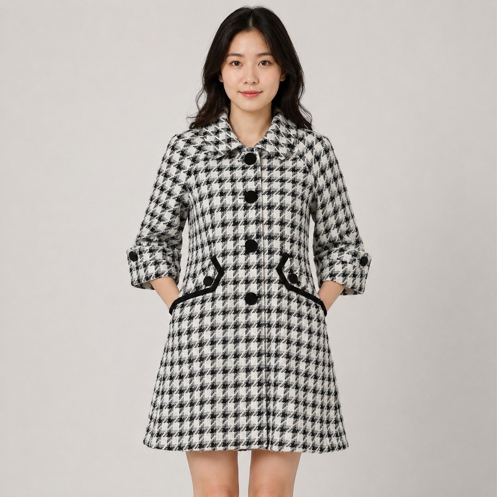 EGOIST Houndstooth‎ Wool Mohair A-Line Coat 3/4 Sleeve Oversized Buttons M